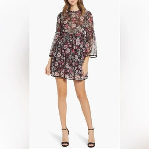 NWOT MISA Celso Minidress Long Sleeve Dress Black Fuchsia Floral Print Medium